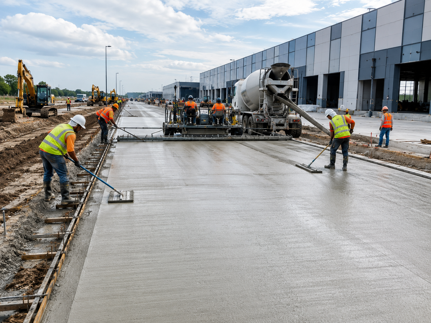 Heavy-duty concrete loading yard with warehouse loading docks, forklifts, trucks, and organized industrial logistics area