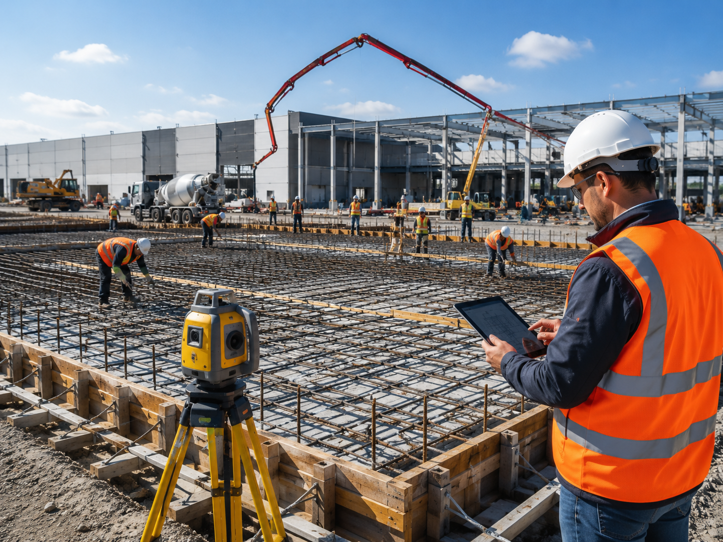 Cimentación terminada para nave industrial siendo inspeccionada por ingenieros con herramientas de medición