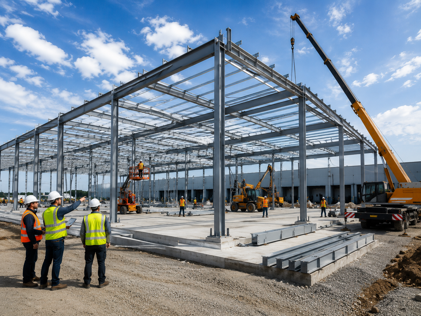 Estructura metálica para nave industrial en construcción con trabajadores, maquinaria y losa de concreto limpia